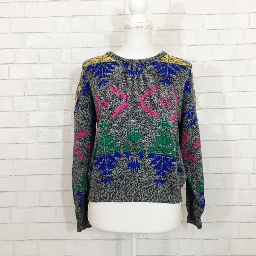 80s Vintage Gray Multi Color Patterned Slouchy Cozy Patterned Sweater - Picture 3 of 6